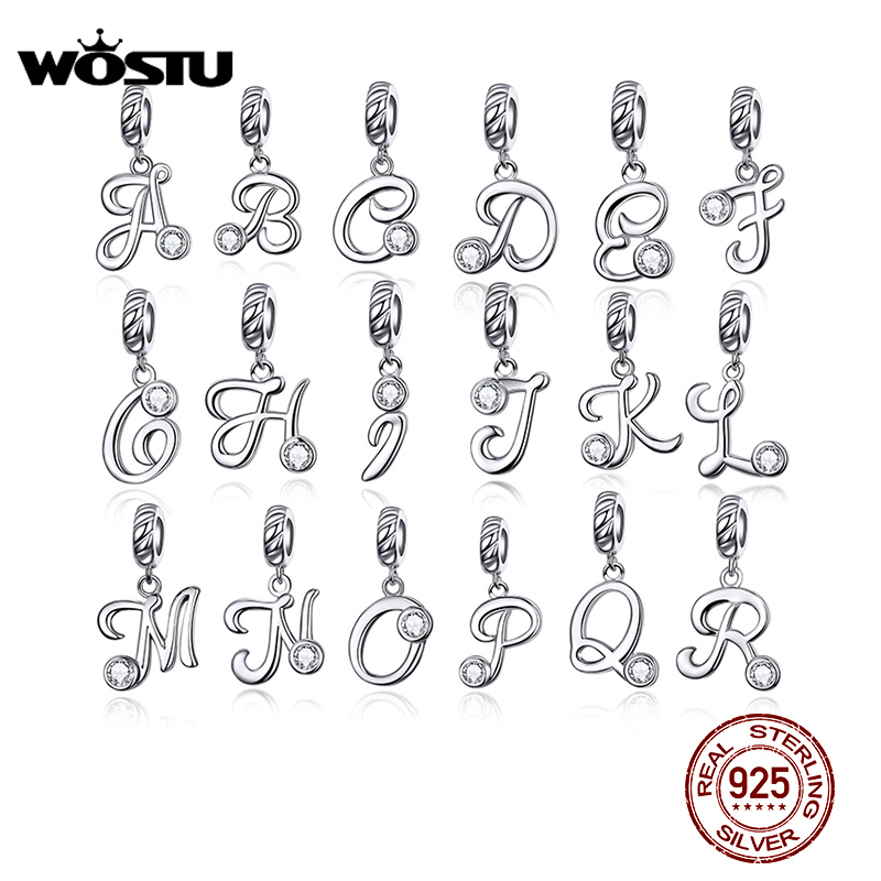 WOSTU NEW 925 Sterling Silver Alphabet Letter DIY Dangle Beads Fit Original Charm Bracelet Necklace For Jewelry Making CQC1183