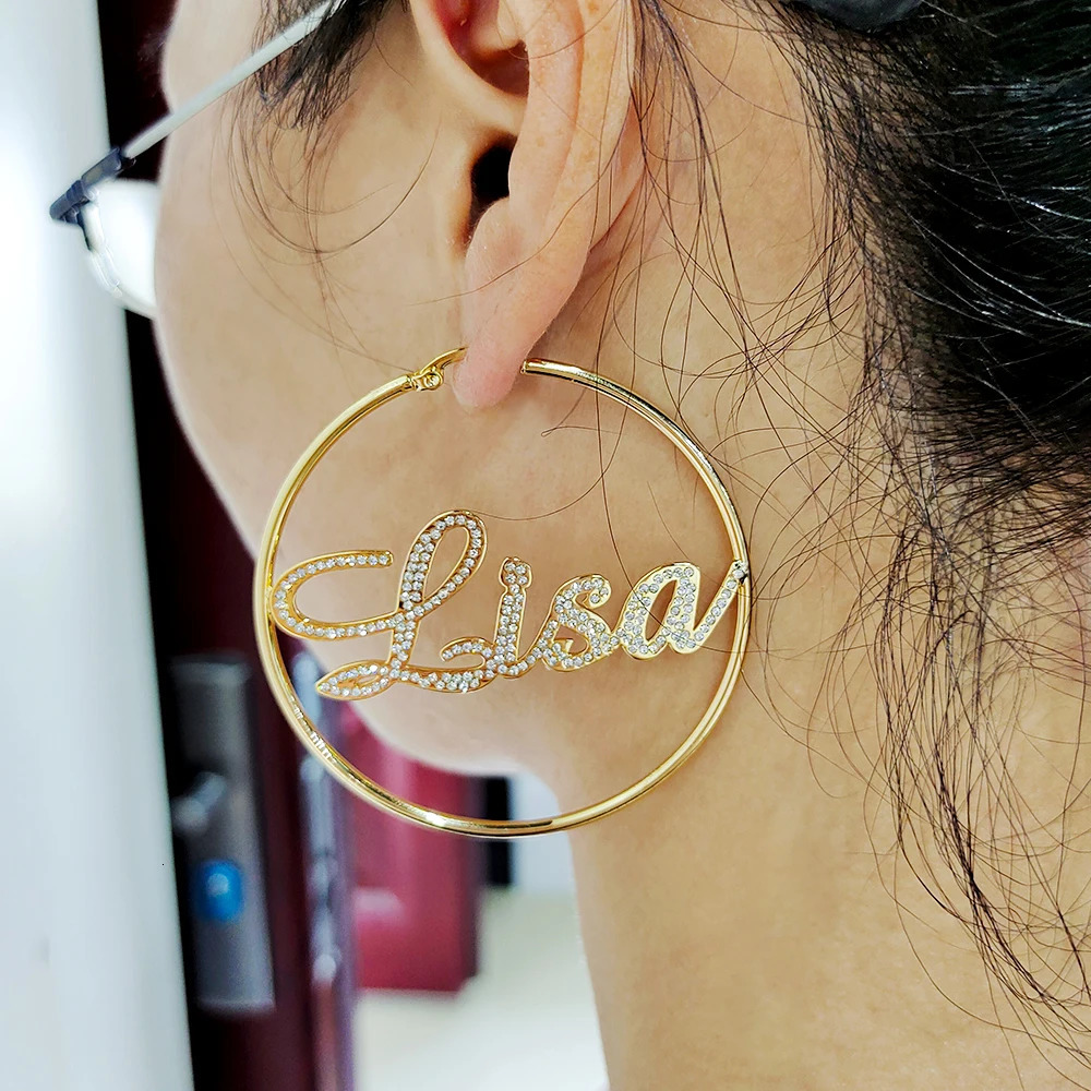 DODOAI 50-100MM Bling Name Earrings Custom Hoop Earrings Fashion Custom Name Earrings Circle Point Diamond Jewelry 250529