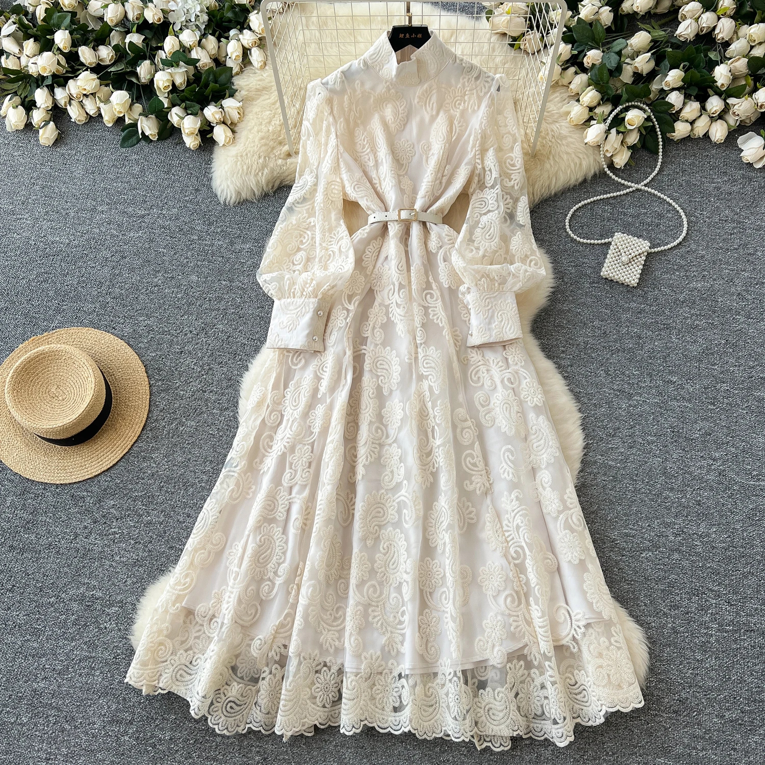 Robes décontractées mode 2025 Femme en dentelle Mesh broderie élégante robes maxi femmes lanterne manche couche blet long vestide vestidos de muj
