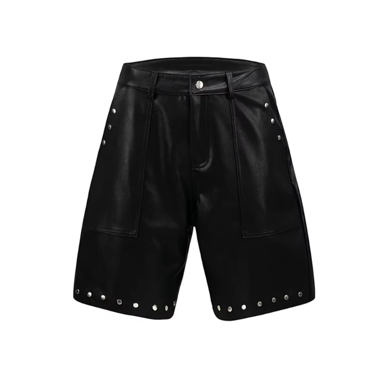 Vintage Rhineston Pockets Black Summer Pu Leather Shorts for Men and Women Wide Leg Streetwear Five Point Pants Oversized
