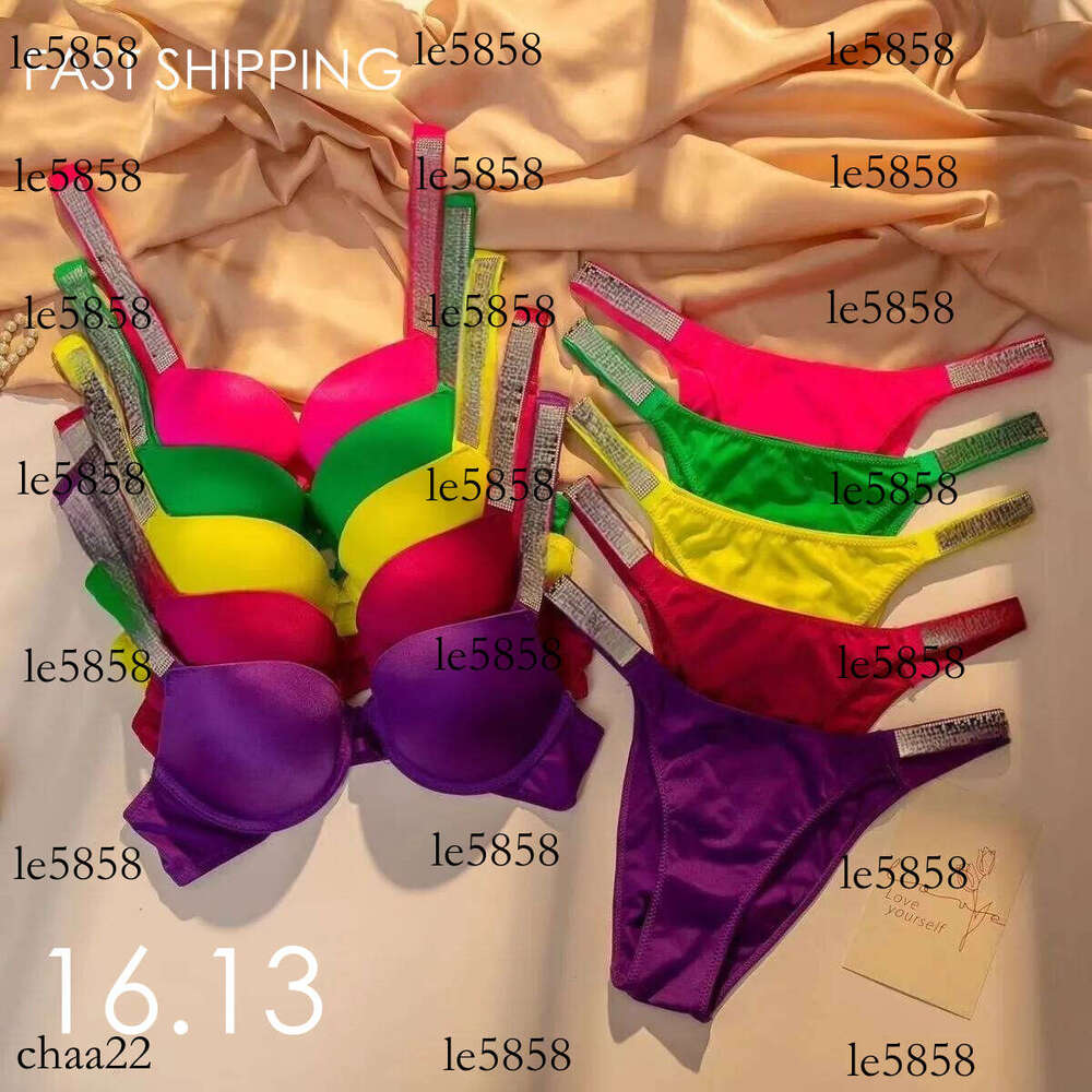 Women's Underwear VS Rhinestone Push Up Lace Bra Panty Sexy Dia Deep V Lingerie Set Good Quality Large size shoulder strap Swimwear Bikini-image-1060111881