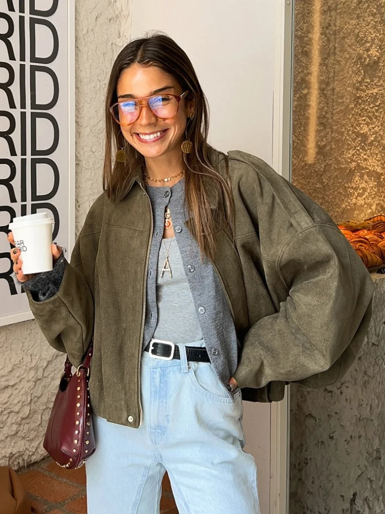 Veste en daim vert élégant pour femmes mode col à revers manches chauve-souris fermeture éclair manteau court printemps dames haut Streetwear 250
