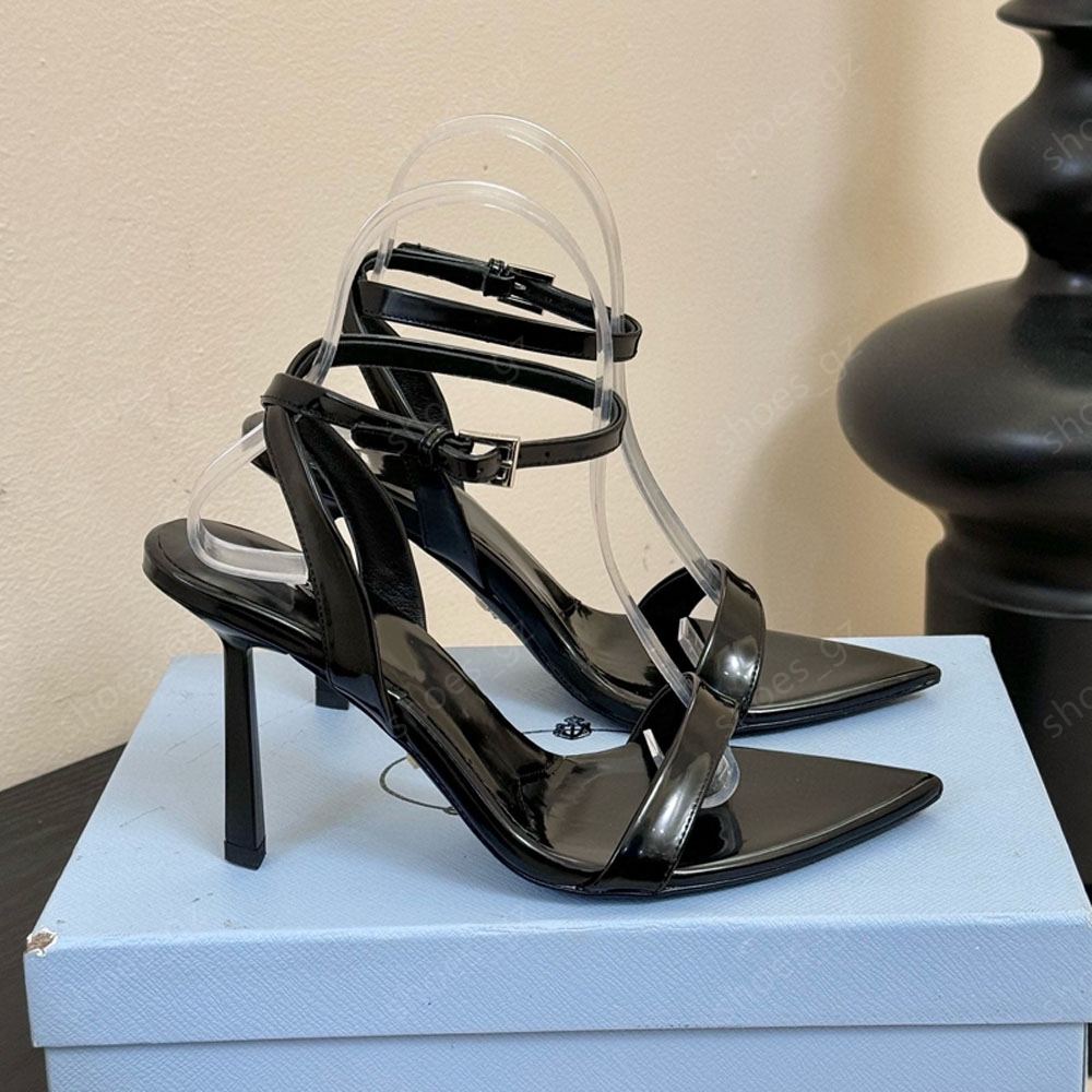 Top quality luxurious designer sandals9.5cm Stiletto Heel women fashionable slim strap combination slipper Elegant Mules leather Wedding Party Dr