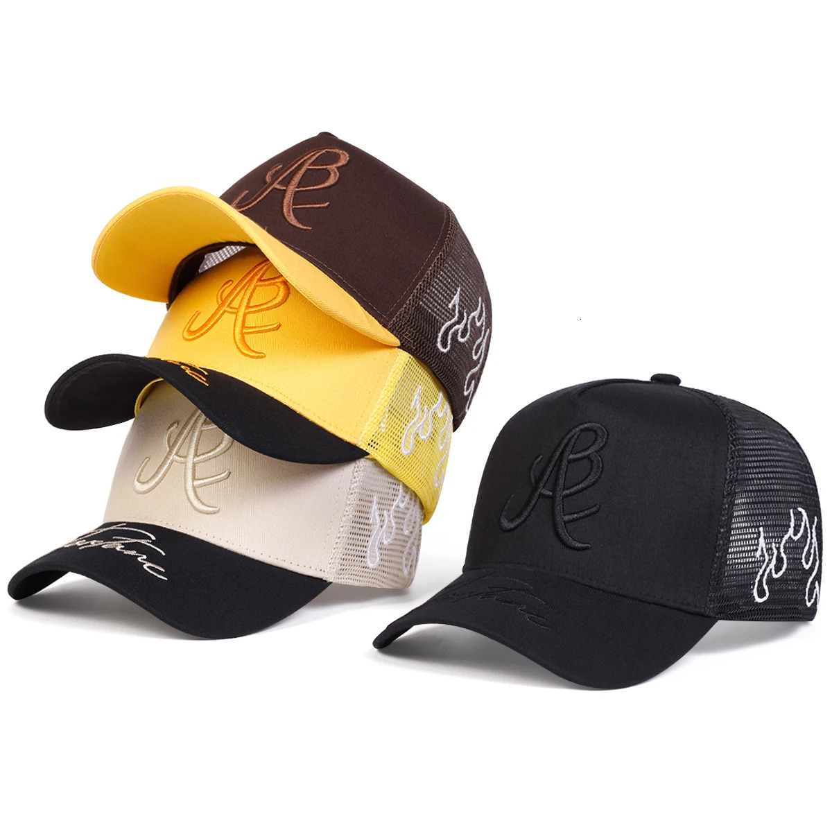 Unisex Personality Letter Embroidery Side Flame Baseball Net Caps Spring and Summer Outdoor Adjustable Casual Hats Sunscreen Hat 250526z