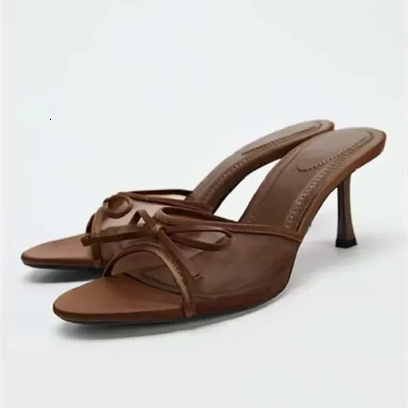 Maille respirante été pantoufles à talons fins femmes mode Bow sandales à glissière Sexy bout ouvert chaussures habillées élégantes pompes femme