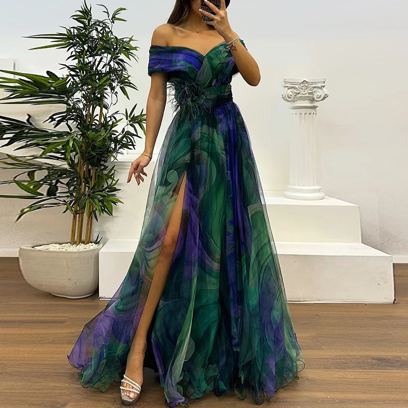 New Summer Mesh Printed Lady Evening Dress Fashion Strapless Slim Fit Split Party Dress 2025 Casual Pleats Women's Long Dresses