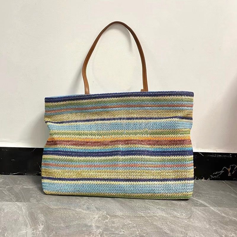 Summer Beach Travel Tote Designer Striped Woven Shoulder Large Capacity Shopping Bag Casual Vacation Purse-image-991787616