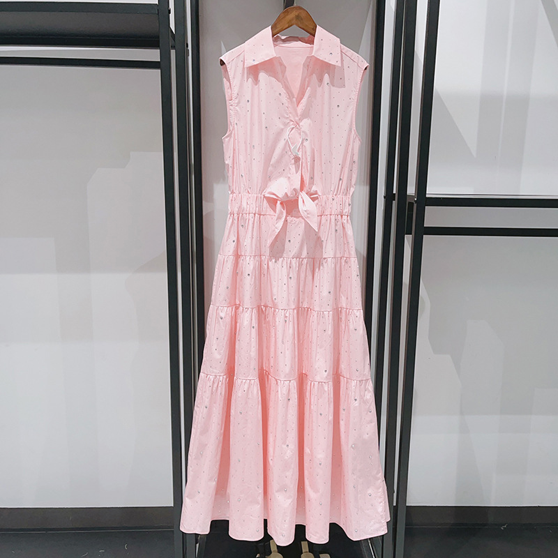 French 2025 Spring/Summer High end Design Feel Hot Diamond Diamonds with Sleeveless Lace up Hollow out Shirt Dress Sky Blue Flap Neck Waist Lengt