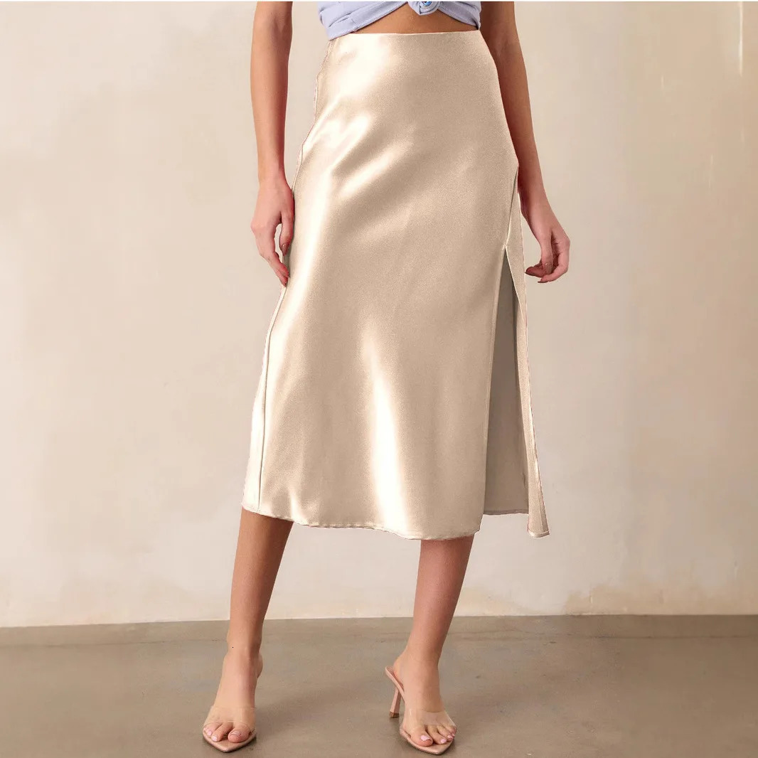 Arrival Womens Spring Summer Satin Skirt High Waisted Elegant Bodycon Split Open Office Lady Sexy Trendy Faldas 250530