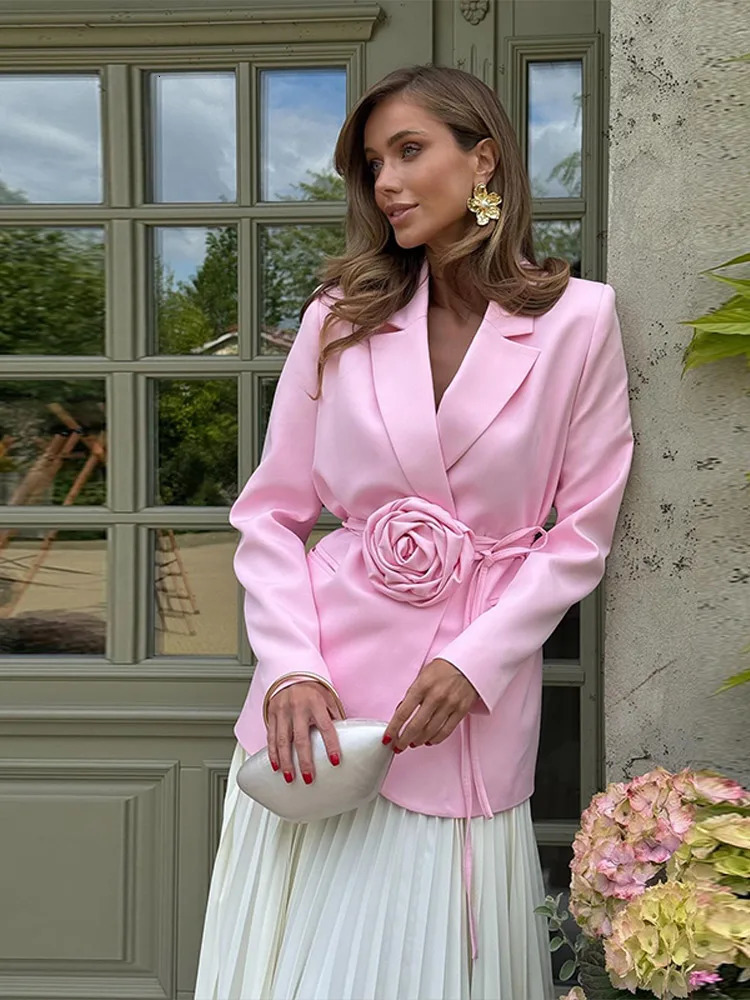 Elegant Lace Up Flowers Womens Blazer Laple Waist Cinching Full Sleeve Pockets Female Jacket Summer Lady High Streetwears 250603