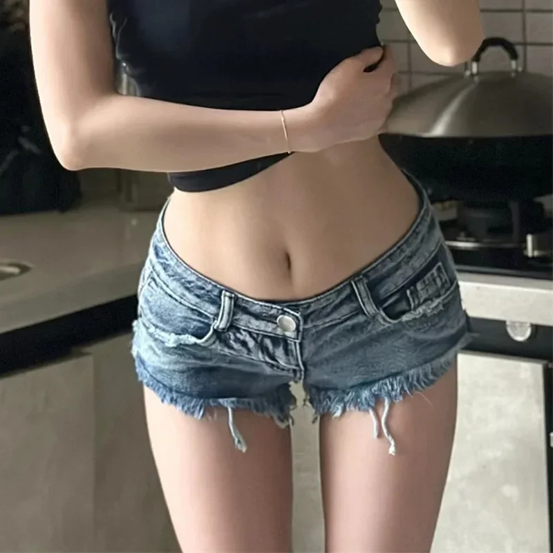 Summer Women Washed Blue Sexy Low Rise Ultra Short Denim Shorts Triangle Raw Shorts Female Jeans 250603