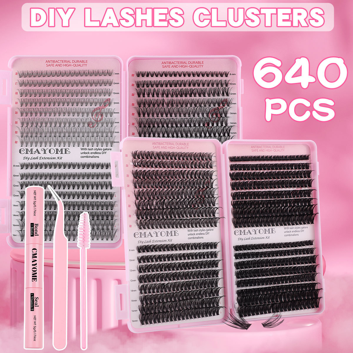 DIY Individual Eyelashes Thick Fluffy 640Pcs Cluster Lashes kit with Lash Bond & Seal Handmade Reusable DIY Segmented Eyelash Extensions Grafted-image-1060453587
