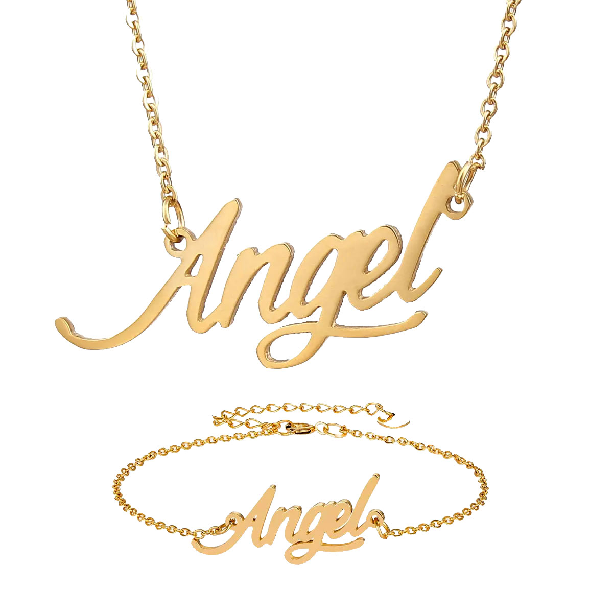 Name Angel Charms for Women Stainless Steel 18k Real Gold Plated Name Necklace & Bracelet Set (Anklet) Gold Choker Chain Necklace Pendant Namepla-image-457438646