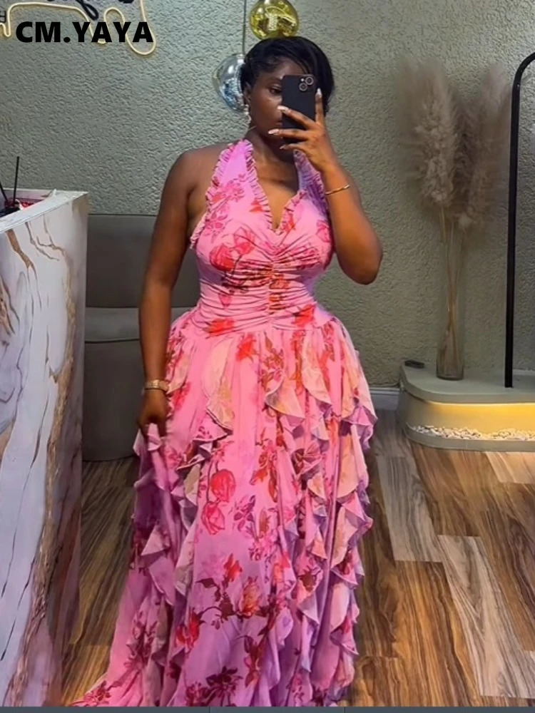 CM YAYA Women Floral Print Halter Neck Ruched Stacked Smock Big Swing Maxi Long Dress Vacation Birthday Sexy Party Dresses 250604
