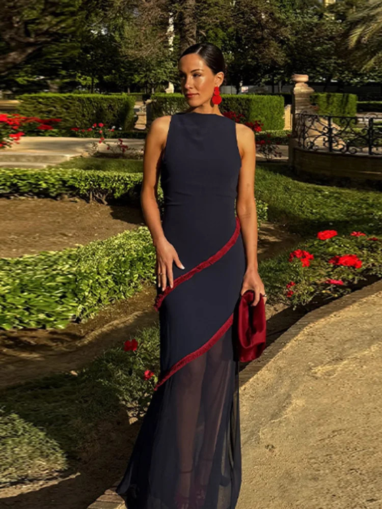Women Elegant Sleeveless Maxi Dress Chic O Neck Backless Slim Fit Mesh Patchwork High Waist Split Robe Summer Casual Streetwear 250604