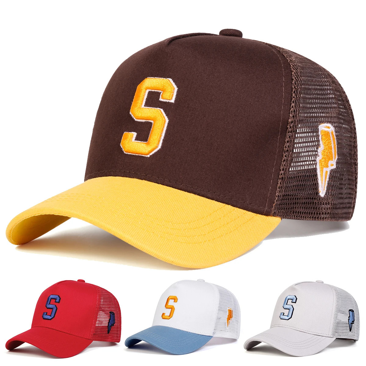 Unisex S Letter Embroidery Side Lightning Baseball Net Caps Spring and Summer Outdoor Adjustable Casual Hats Sunscreen Hat 250526z