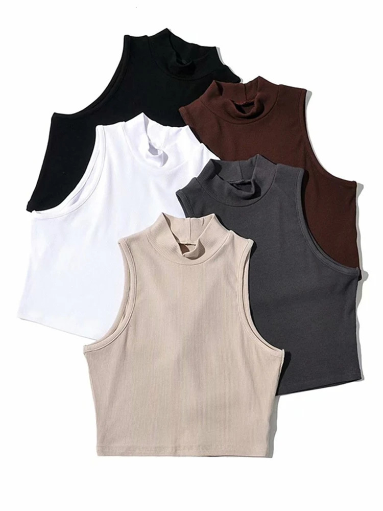 Summer Black Women Fashion Crop Top High Neck White Sleeveless Tank Tops 5 Colors 250529