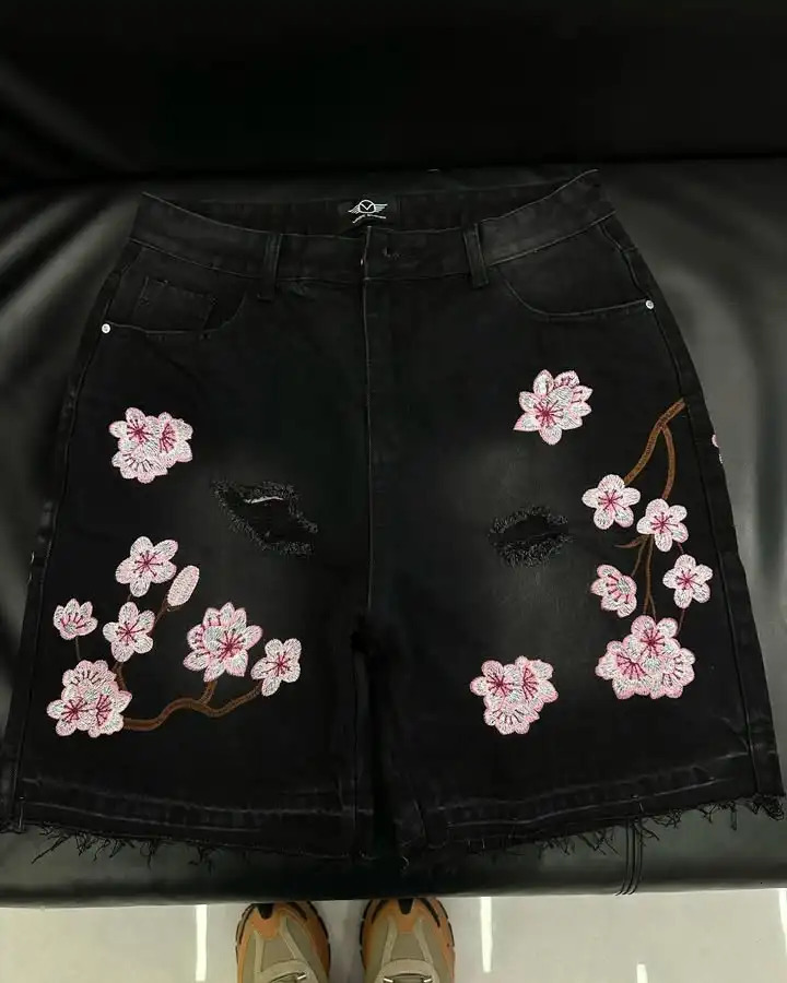 Streetwear Vintage Cherry Blossom Denim Shorts Y2K Mens Harajuku Hip Hop Floral Multi Embroidery Retro Baggy Shorts Casual Short 250604