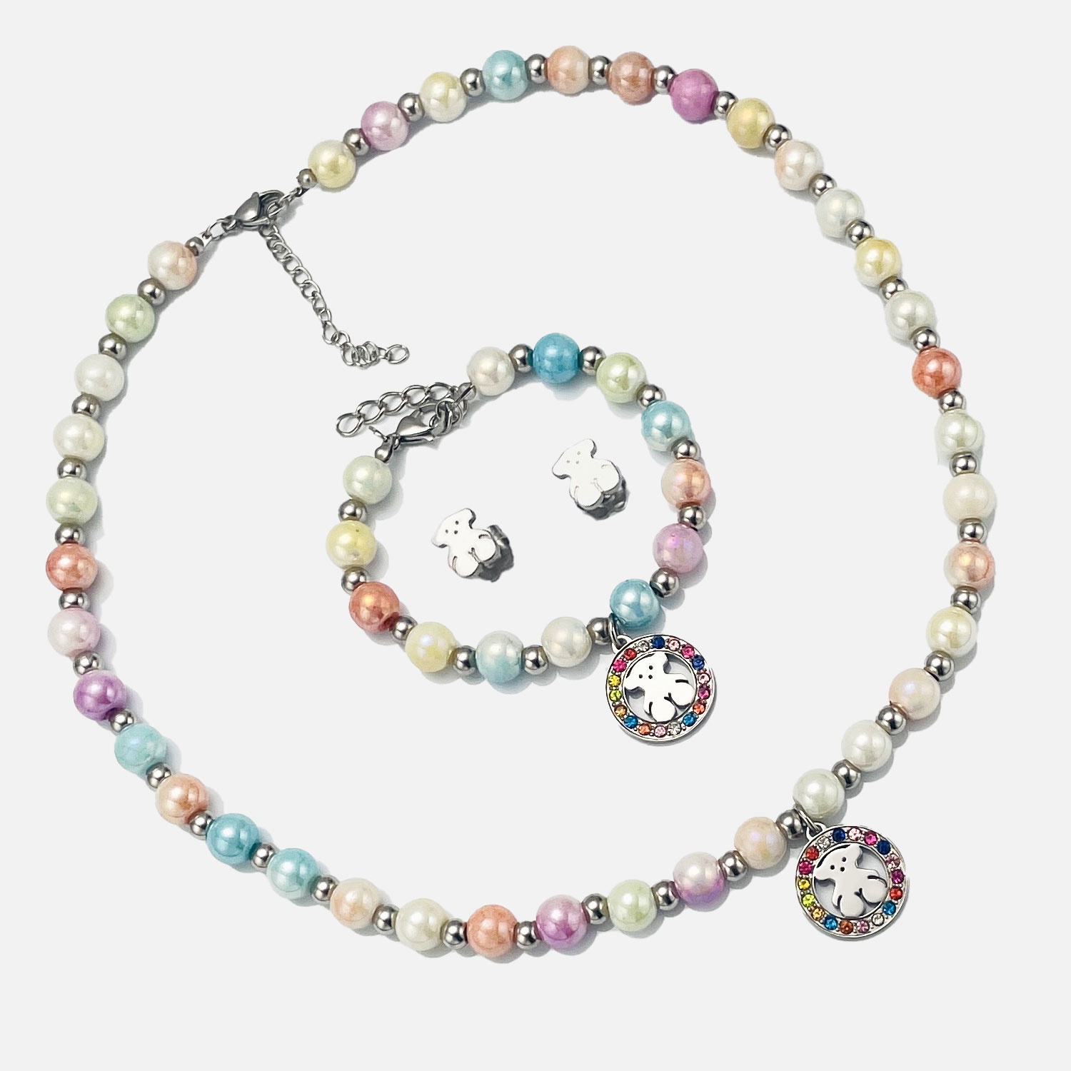 Hot Sale Fashion Women Men Silver Gold Stainless Steel BearCartoon Span Color Bead Zircon Pendant Necklace Earrings Sets Jewelry-image-1060552817