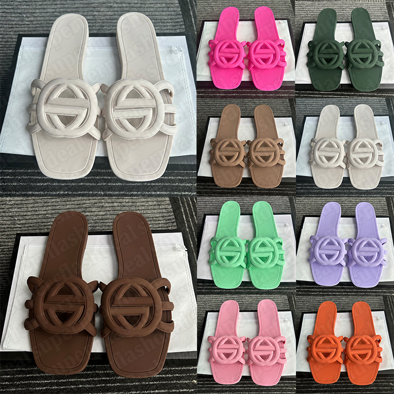 free shipping elegant square toe flat slide designers sandals for women rubber latex slip on size 36-41 comfortable summer slippers with Dust Bag wi