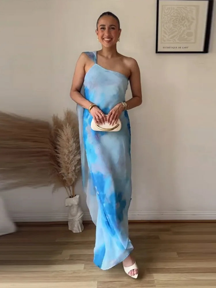 Hanging Neck Ribbon Dress Blue Silk Satin Robes Fashion Slim Fit Casual Irregular Vacation One Shoulder Woman Long Dresses 250529