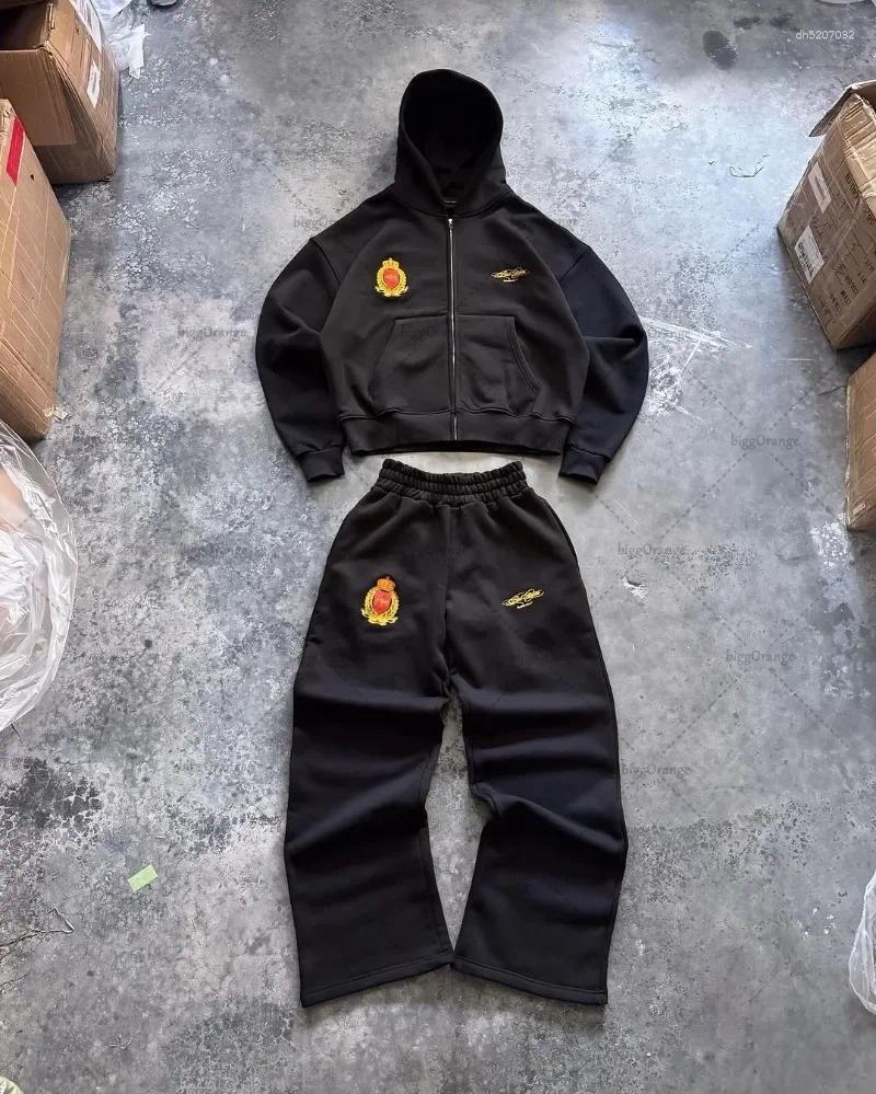 Mens Tracksuits Harajuku Retro Trendy Streetwear Trousers Classic Letter Print Zipper Hoodie Men American Hip-hop Casual Oversized