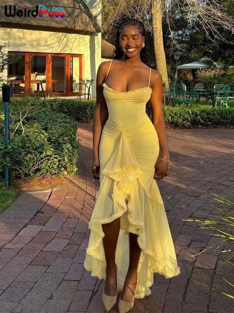 Weird Puss Ruffles Bandage Dress Women Sexy Backless Sleeveless Tassel Lace-Neck See Through Slits Hem Prom Party Long Bodycon 250604