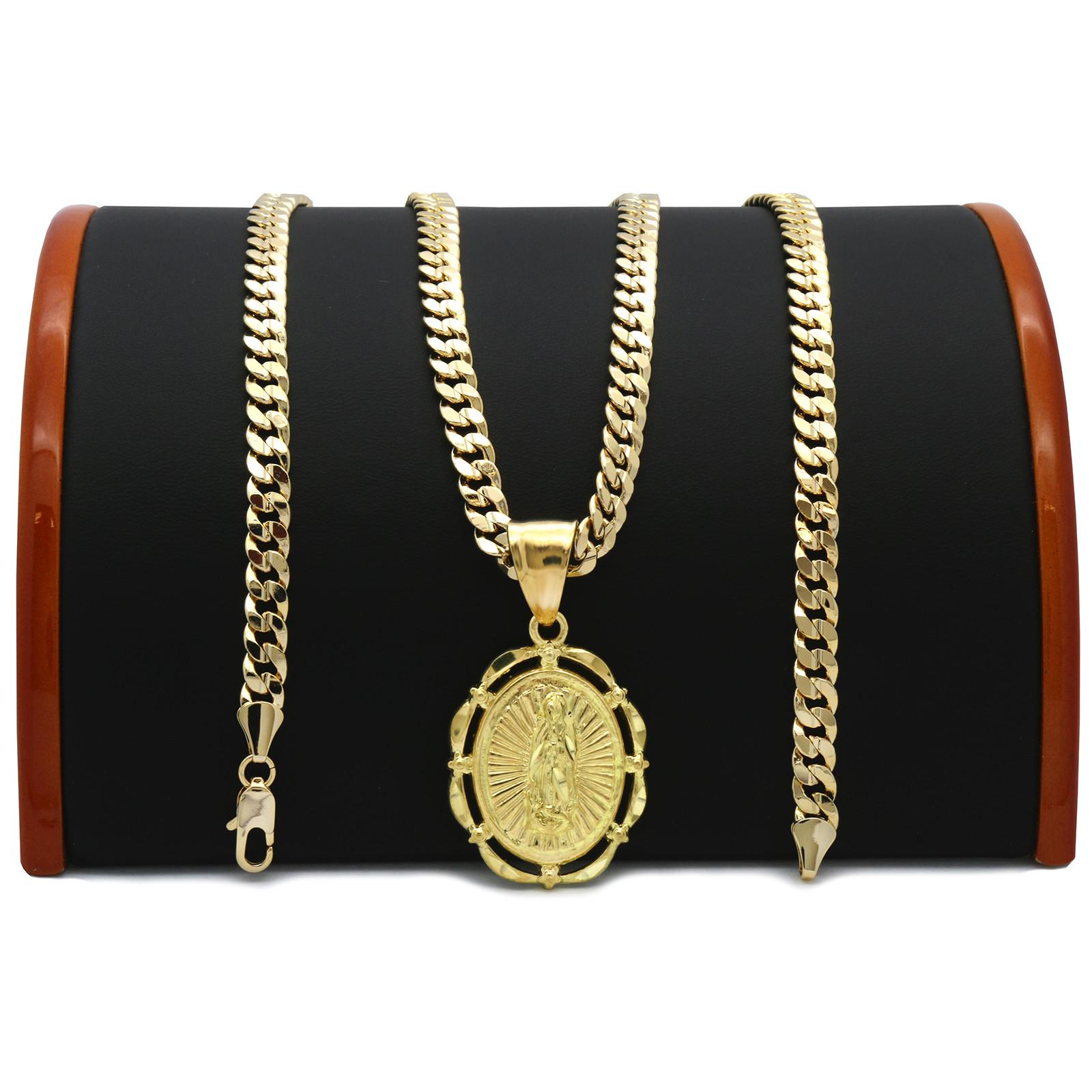 Mens 18k Gold Plated Oval Guadalupe Pendant 5mm 24" Cuban Necklace Chain