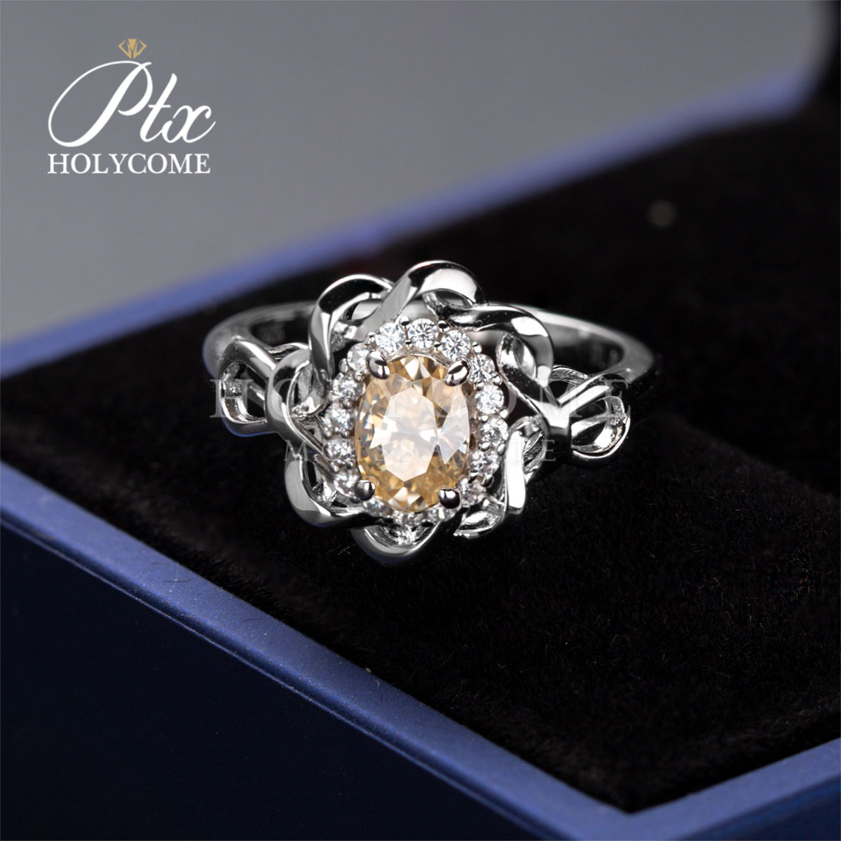Trend Jewelry Petal Design 1CT Moissanite Diamond Rings Fashion Champagne Color Gemstone 18K Gold Plated 925 Silver Engagement Rings Set for Women