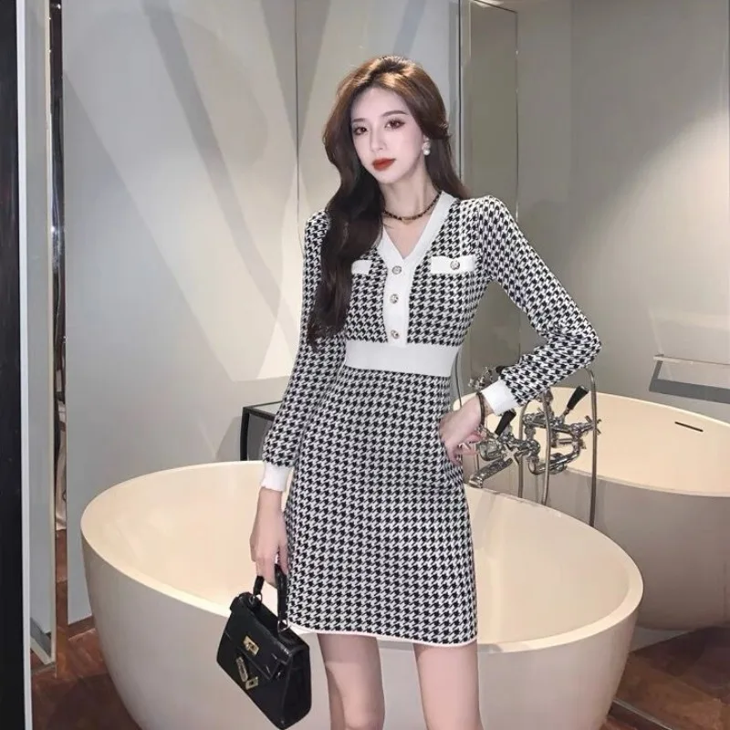 Female Knit Dress New In Autumn and Winter Women's Crochet Dresses Black White Xxl Korean Style Loose Long Sleeve Elegant Party