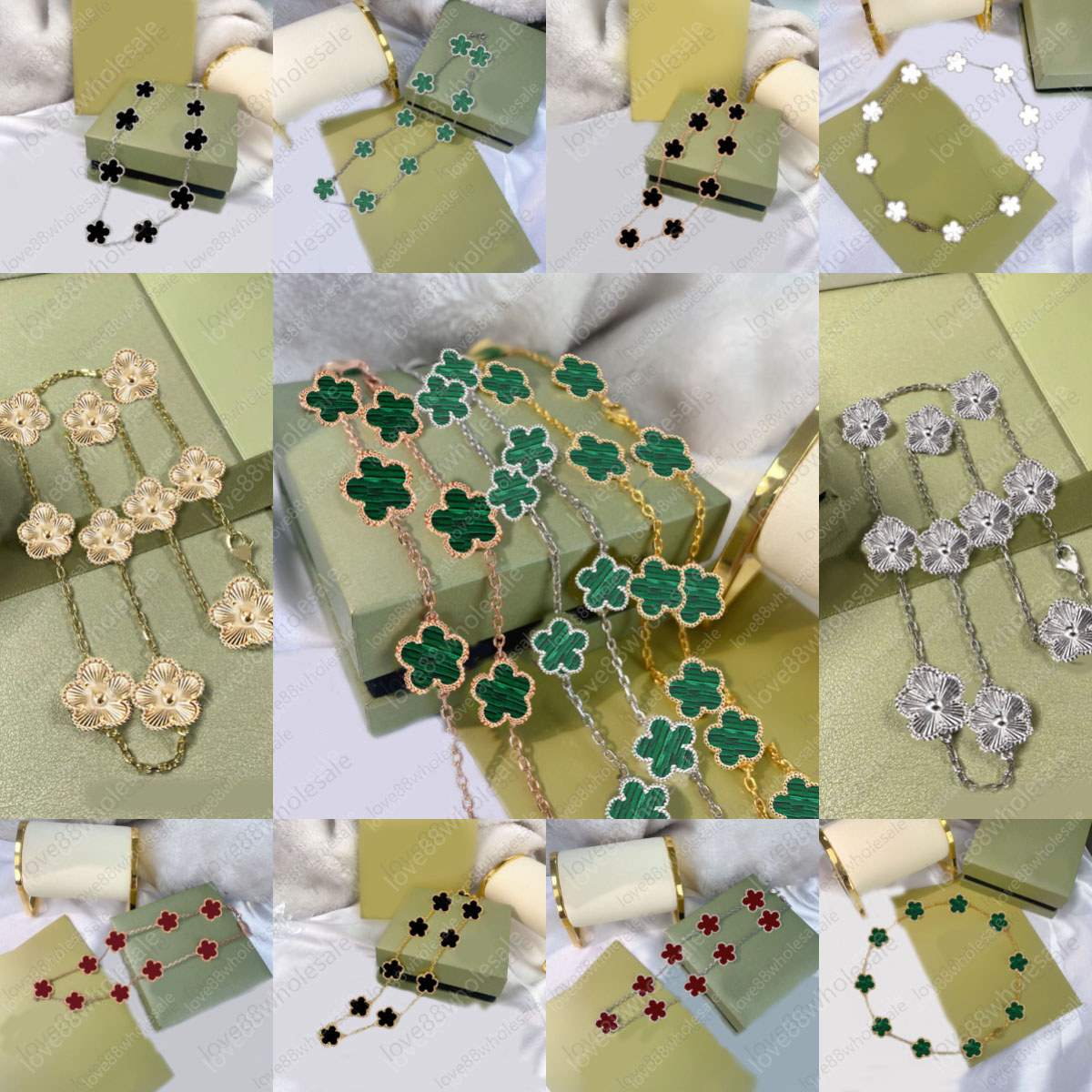 Luxury Designer Necklace Crystal 10 Four Leaf Clover Charm Pendant Necklaces Gem Agate Mother of Pearl 18K Gold Plated Long Chain Necklace Women Des