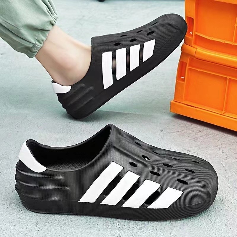 Summer free shipping new designer men's perforated shoes for outerwear, sports toe cap slippers, plus size beach sandals black