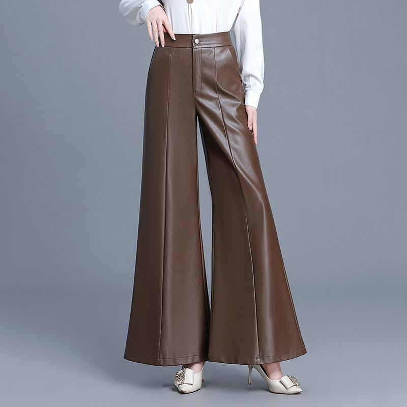 High Waist Big Swing Wide Leg PU Leather Pants, Women's Autumn and Winter New Fashion Slim Patchwork Slightly Flared Long Pants