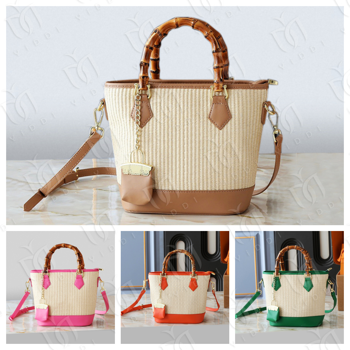 Straw Bamboo Handle Tote Bag Designer Straw Bamboo Bag Summer Vacation Bucket Shoulder Bag for Women Mini Beach Bag Fashion Designer Raffia Woven ba