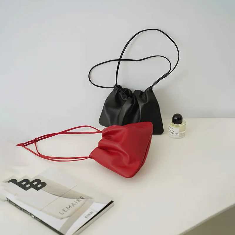 Fashion Red Soft Leather Single Shoulder Crossbody Korean Pleated Portable Underarm Bag Womens New Lace up Handbag Z250607