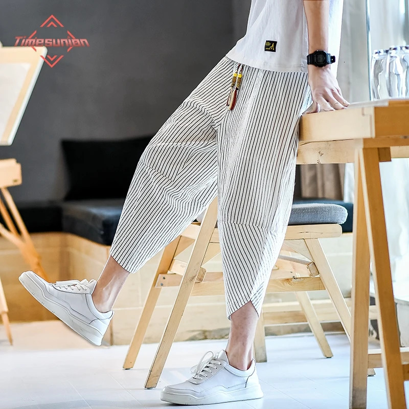 Style chinois rayure décontracté coton lin pantalon pour hommes été Cool confortable ample grande taille sarouel femme pantacourt 250606