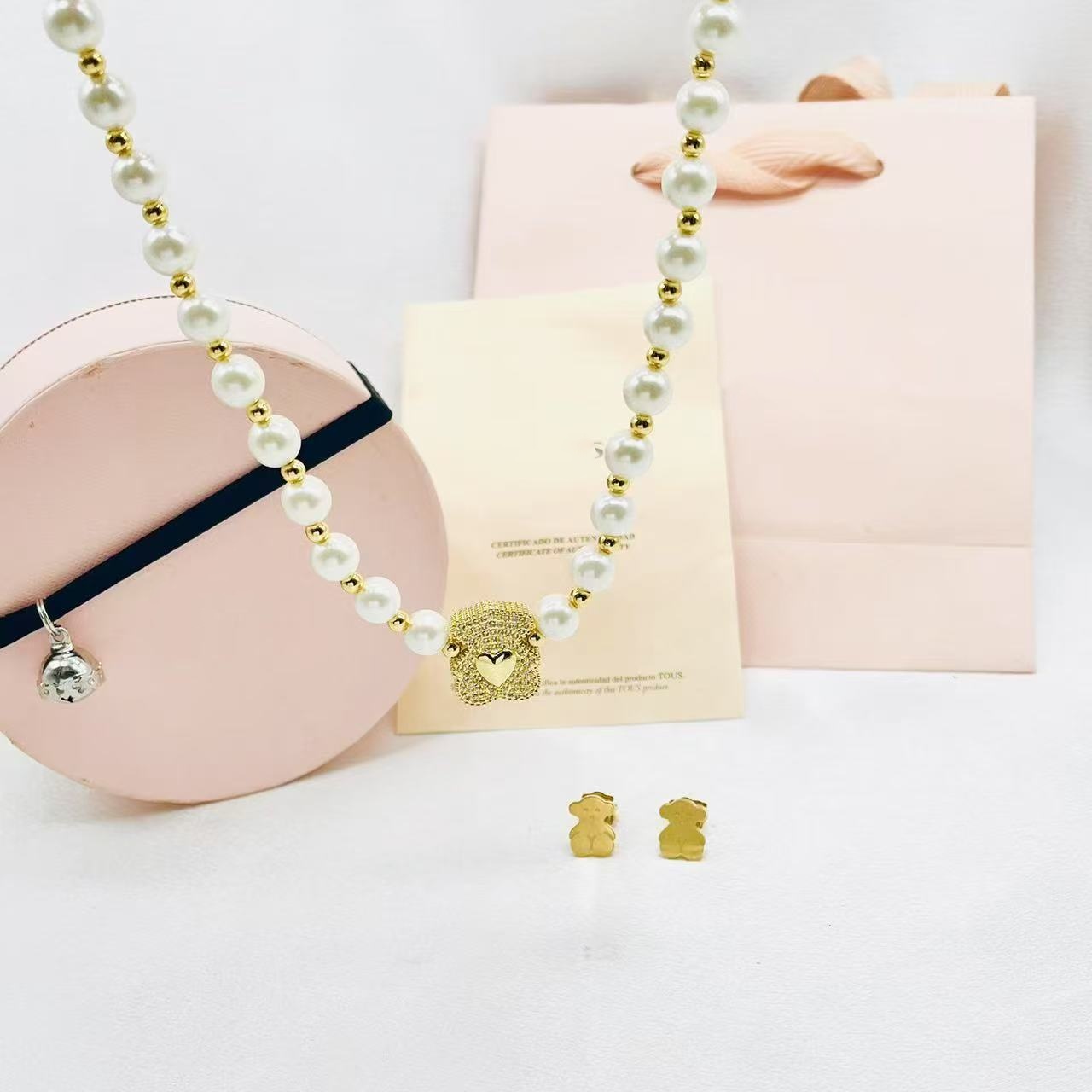 New Fashion Women Men Gold Stainless Steel Bear Cartoon Span Black White Color Bead Zircon Pendant Necklace Earrings Sets Jewelry-image-1060869442