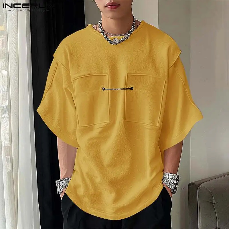 INCERUN Tops Fashion Mens Metal Buckle Texture T-shirts Casual Streetwear Male Solid Mid Sleeve Camiseta S-5XL 250606