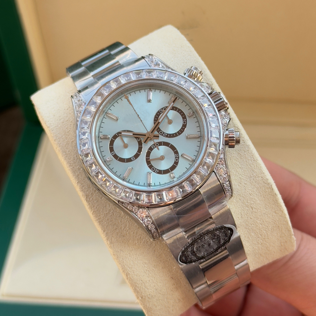 Designer mens 40mm Dayto Baby Blue dial with diamond studded bezel, high-quality automatic mechanical movement, waterproof king watch