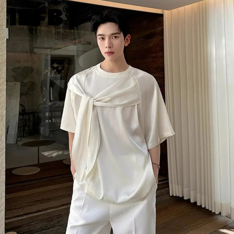 IEFB Mens T-shirts Summer Cutting Tie Ribbon Round Neck Short Sleeve Solid Color Male Loose Clothing 9W2125 250606