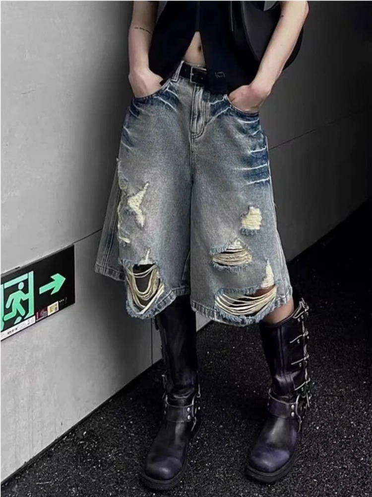 HOUZHOU Vintage Washed High Waist Short Jeans Y2k Harajuku Hole Wide Leg American Style Jorts Baggy Straight Grunge Gyaru Summer 250606