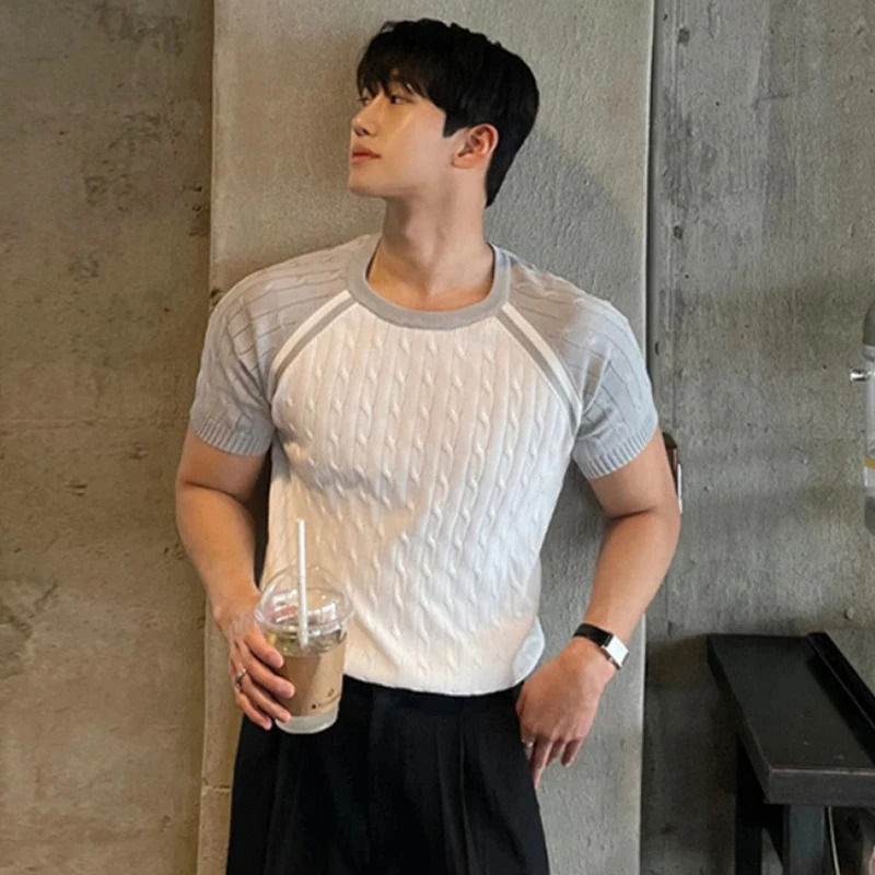 Summer Mens Clothing Light Knit O Neck Short-sleeved T Shirt Patchwork Leisure Korean Streetwear Retro Knitwear 250606
