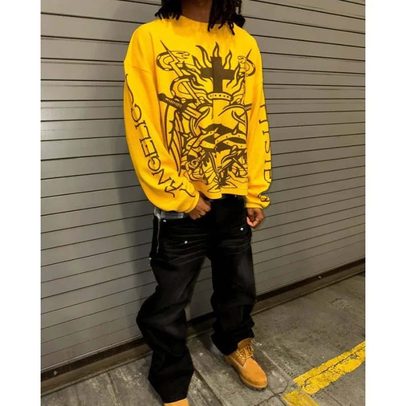 Y2k American High-quality Loose High Street Trendy Casual Printed T-shirts for Men O-neck Pullover Round Neck Long Sleeved Tops 250606