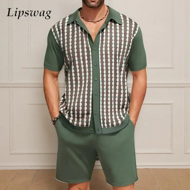 Ice Silk Breathable Knit Two Piece Suits Mens Casual Short Sleeve Shirts And Shorts Men Knit Outfits Summer Fashion Knitted Sets 250606
