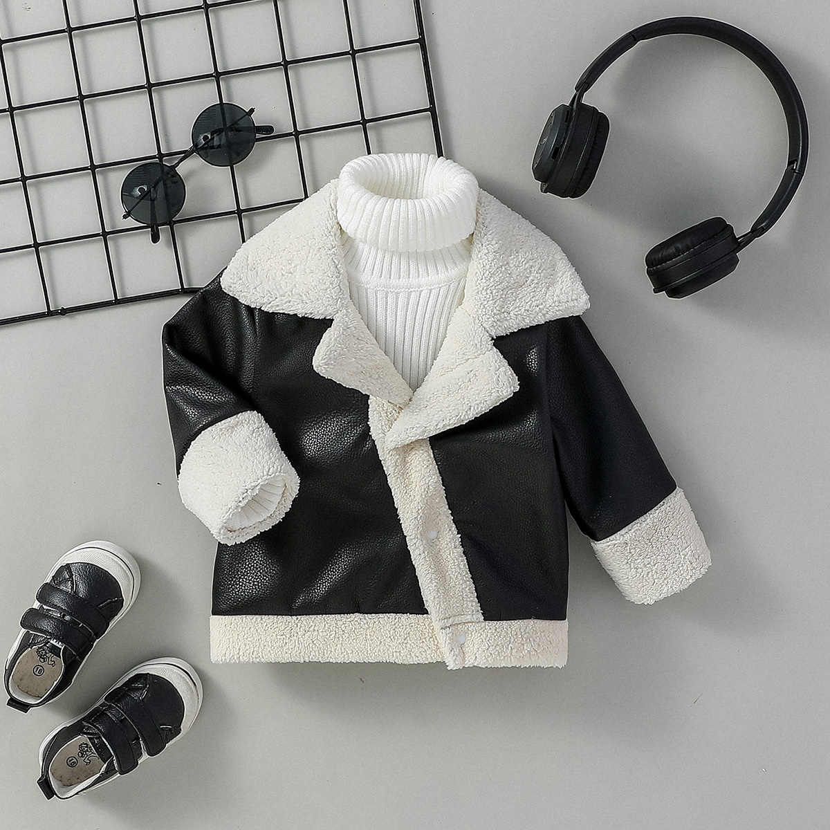 3M-3Y Autumn Winter Boys New Fashion PU Leather Jacket Keep Warm Thicken Faux Fur In One Coat Streetrwear Clothes