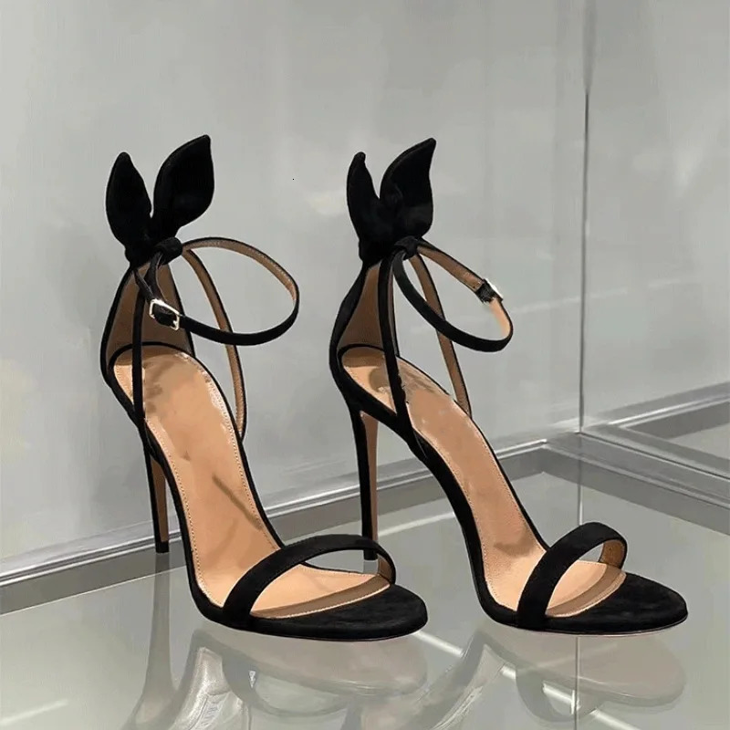 Summer Women Sexy Bunny Ear Sandals Black Bow Summer Open Toe Sexy Line Belt Party Heels Womens Shoes 250606