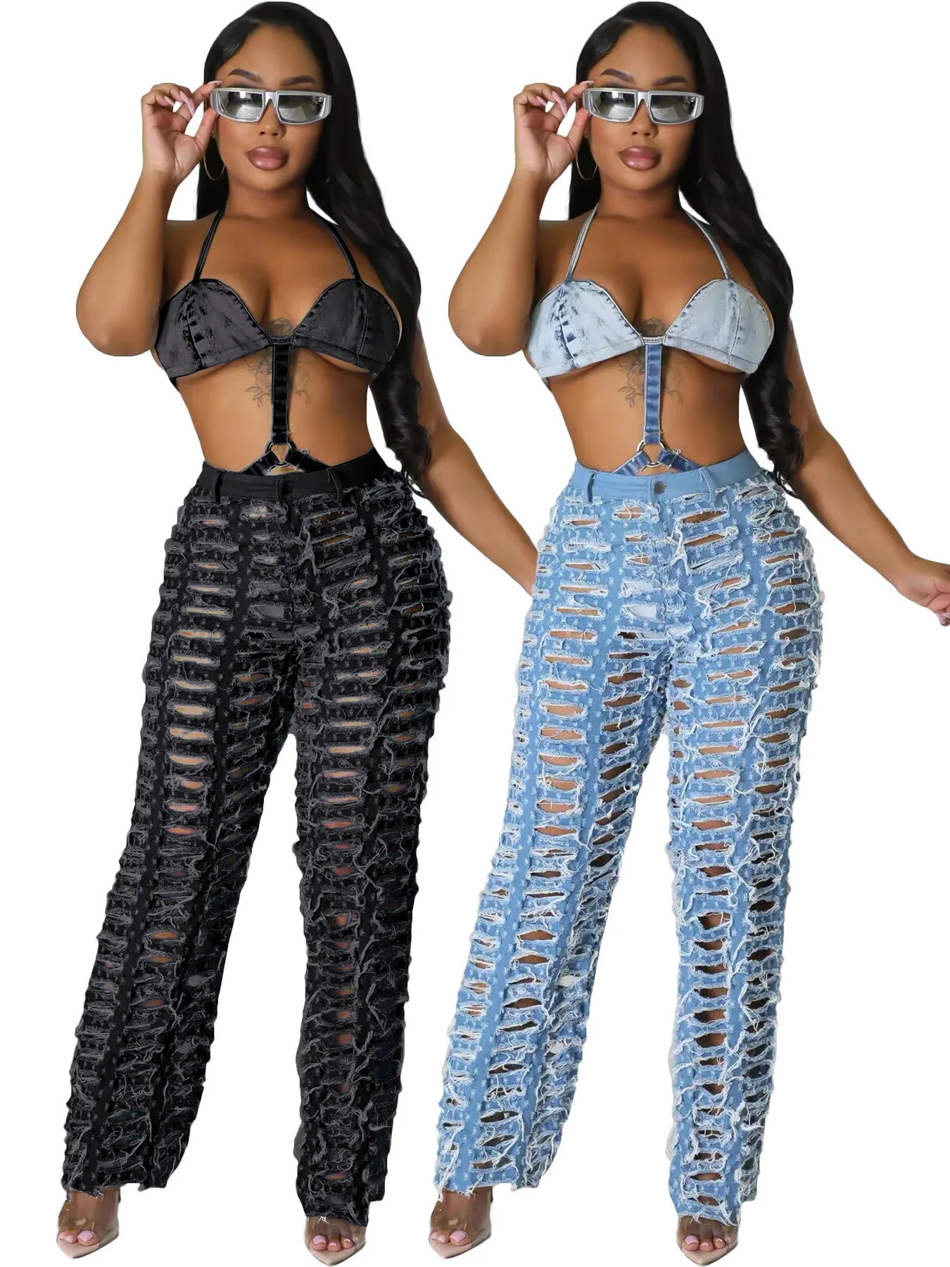 D8728 Women Ripped Out Tassel Hollow Out Denim Pants Chic Summer Wide Leg Sexy Party Club Night Jeans Trousers 250606