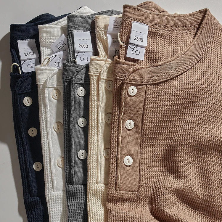 Autumn And Winter American Heavyweight Retro Mens Waffle Long-sleeved T-shirt Loose Fashion Henley Collar Bottoming-shirt 250606