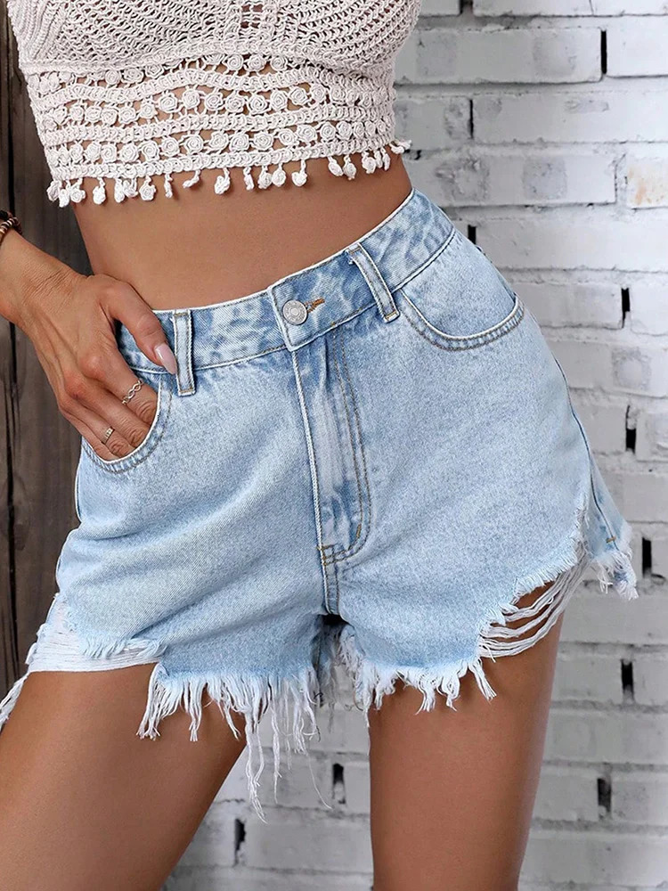 Benuynffy Womens Denim Shorts Streetwear Casual Pockets High Waist Summer Fashion Loose Frayed Hem Ripped Jean Shorts 250606