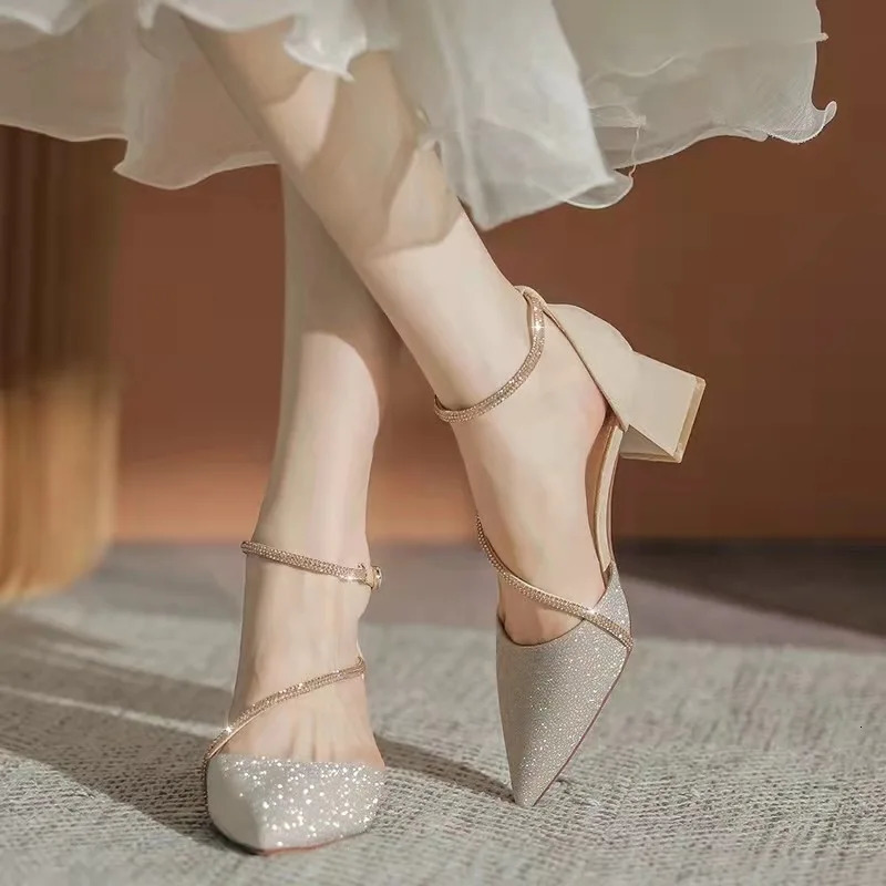Women Pumps Chunky High Heels Shoes Summer Pointed Rhinestones Sandals Party Dresses Sexy Women Shoes Mujer Zapatos 250606